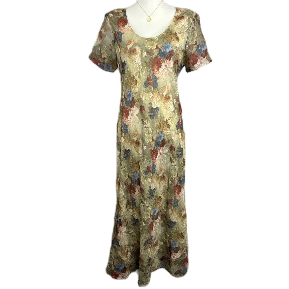 Vintage Womens Floral Maxi Dress Sz M Textured Romantic Modest Bloomcore Fairy